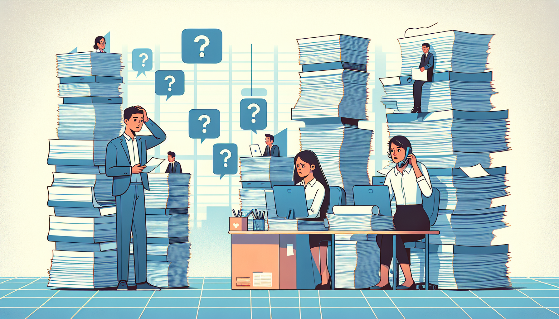 HR 담당자가 두꺼운 문서 더미에 둘러싸여 신입 직원 질문에 답하는 모습과 고객 상담원이 매뉴얼을 뒤적이는 직장 내 문서 과부하 상황 일러스트
