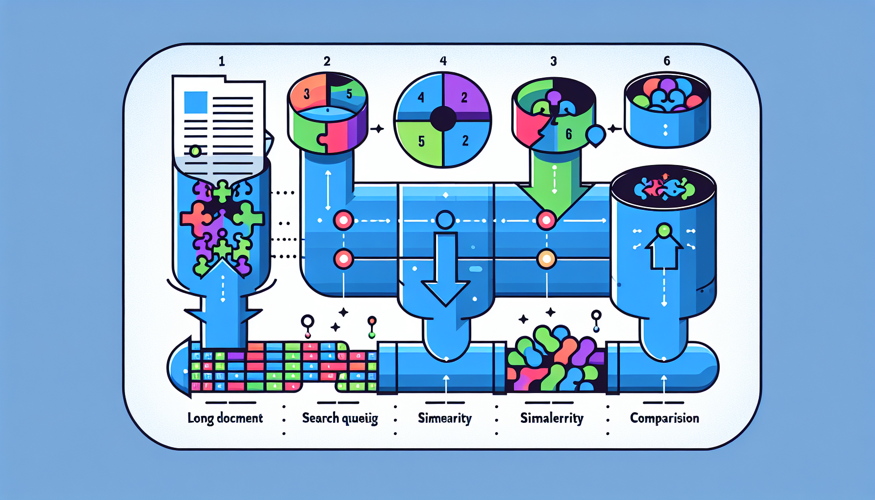 RAG 5단계 작동 원리인 청킹, 임베딩, 벡터 저장, 유사도 검색, 답변 생성 과정을 파이프라인 다이어그램으로 표현한 일러스트