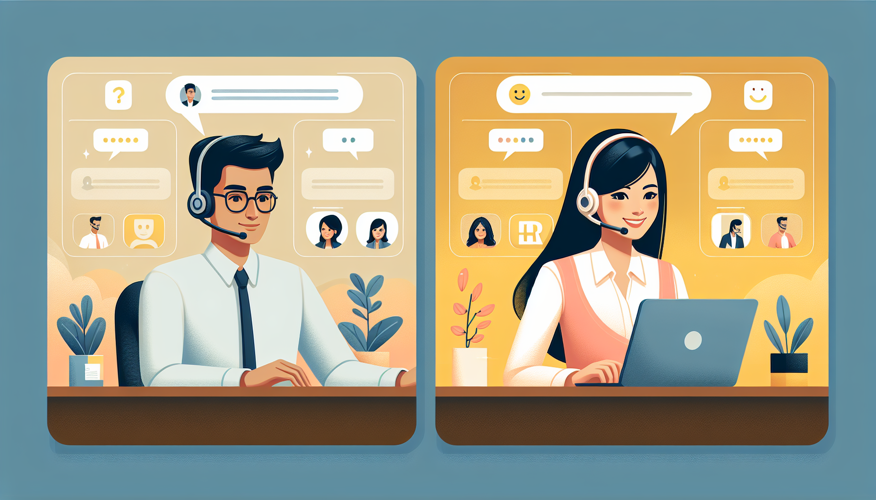 RAG Agent 실제 활용 사례로 HR 자동 응답 봇과 고객 서비스 응대 가이드 봇을 나란히 보여주는 직장 내 AI 챗봇 활용 일러스트