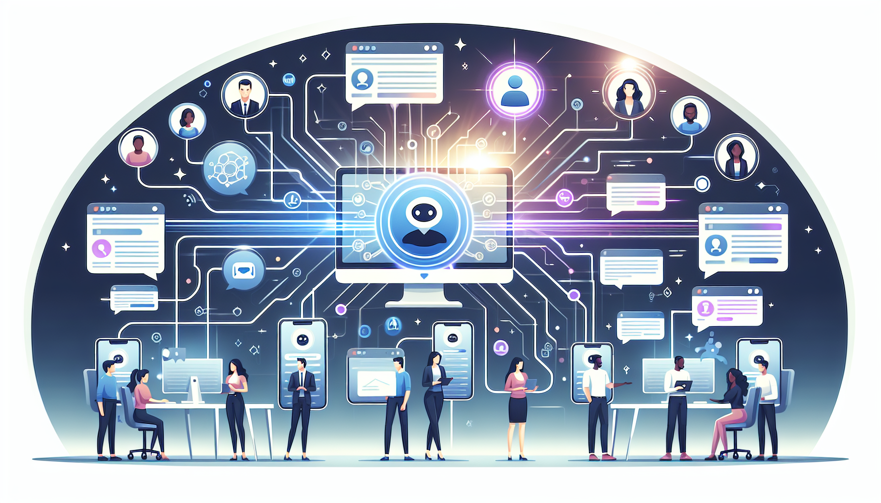 RAG Agent를 팀 전체가 Slack, 웹사이트, 모바일 등 다양한 채널에서 공유하여 활용하는 협업 시나리오 네트워크 일러스트