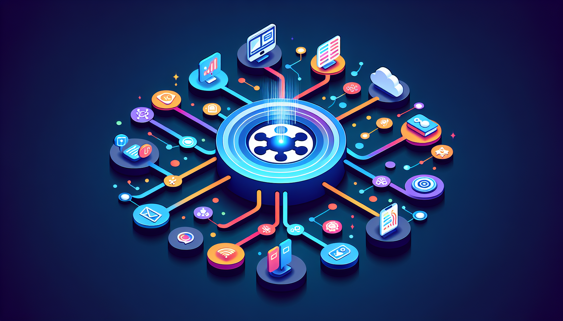 MCP 프로토콜이 다양한 AI 도구들을 연결하는 허브 구조 다이어그램