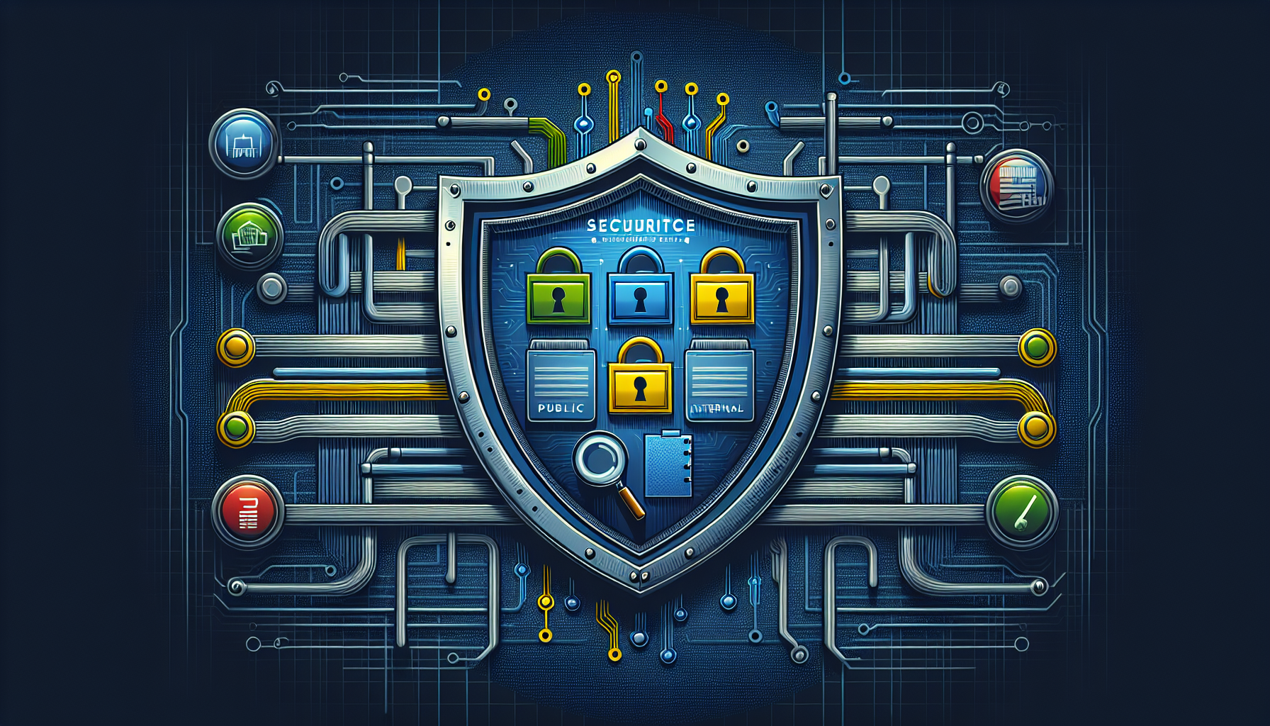 AI 자동화 데이터 보안 원칙을 보여주는 계층형 보안 쉴드와 데이터 분류 일러스트