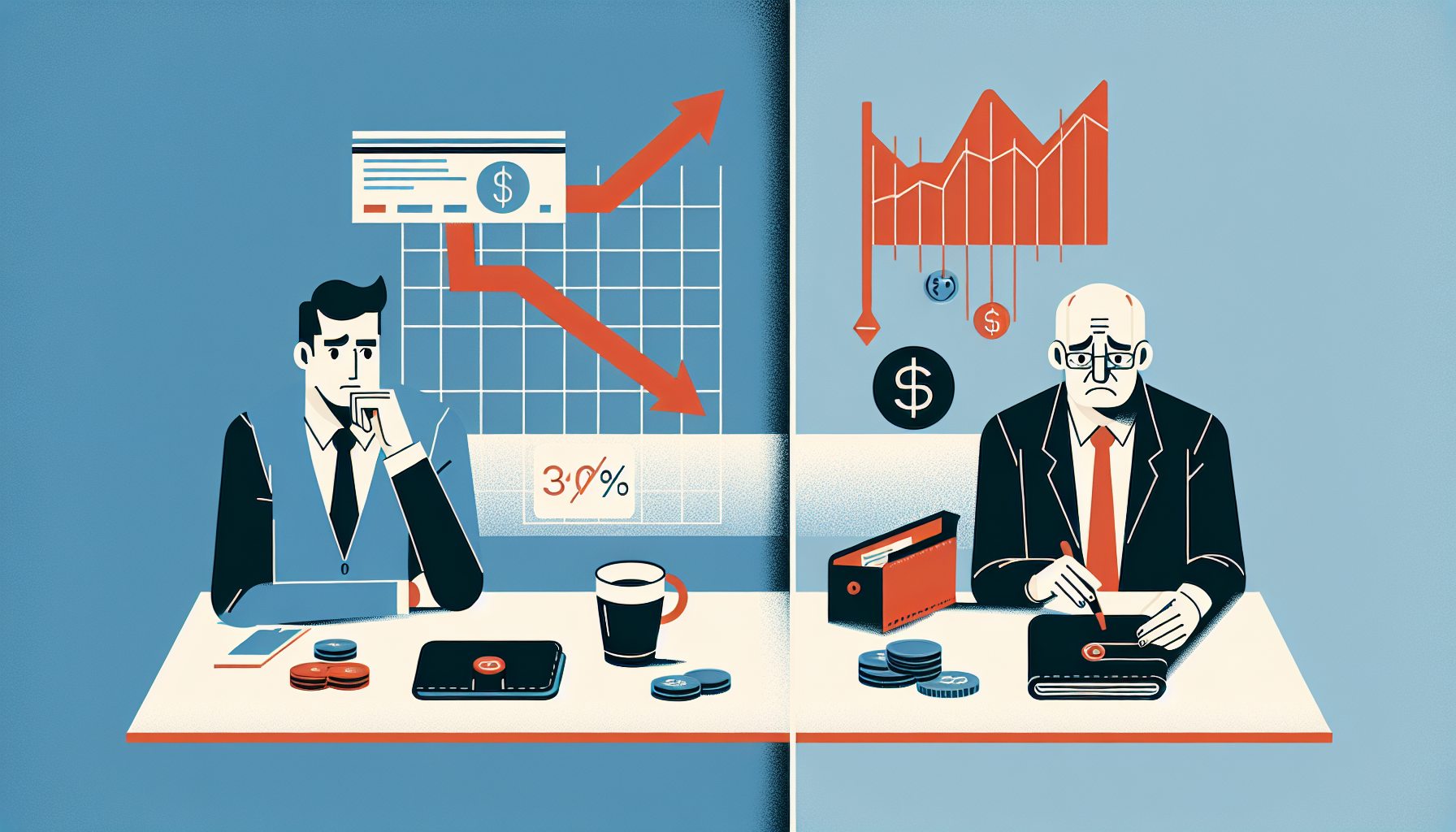 은퇴 전후 투자 심리 차이 - 월급 있을 때와 없을 때 포트폴리오 하락의 영향 비교 일러스트