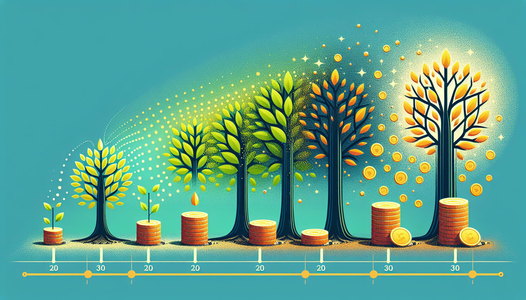 복리 효과로 현재 자산이 30년간 10배로 성장하는 과정 일러스트