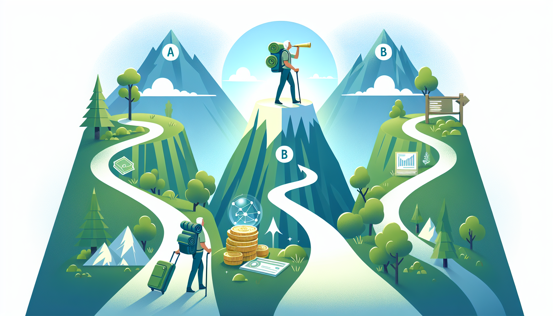 은퇴자금 달성을 위한 세 가지 전략 경로를 보여주는 산 등반 일러스트