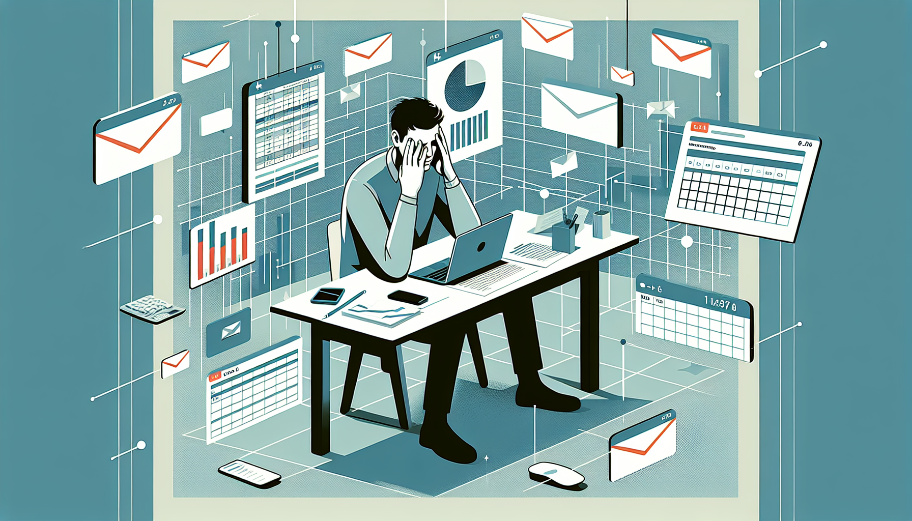 반복되는 데이터 리포트 작업에 지친 직장인을 표현한 일러스트
