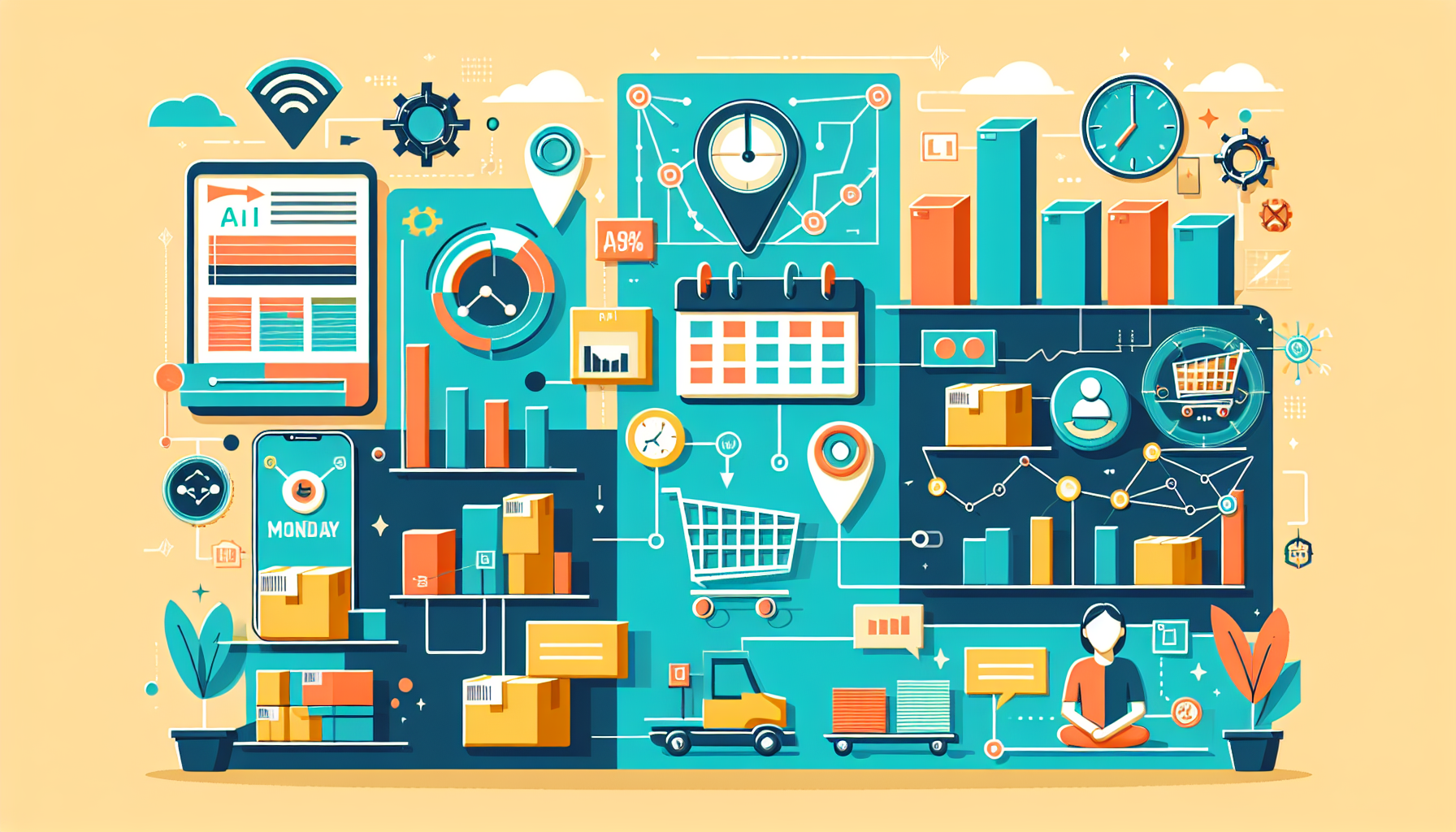 이커머스와 재고 관리 자동화 시나리오를 보여주는 일러스트