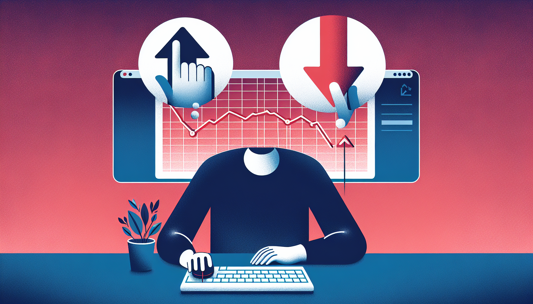 주식 하락 차트를 보며 매도 결정을 망설이는 투자자 일러스트