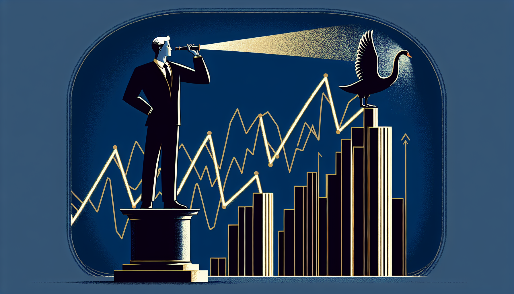 시장 예측에 과잉 확신하는 투자자와 블랙스완 이벤트를 표현한 일러스트