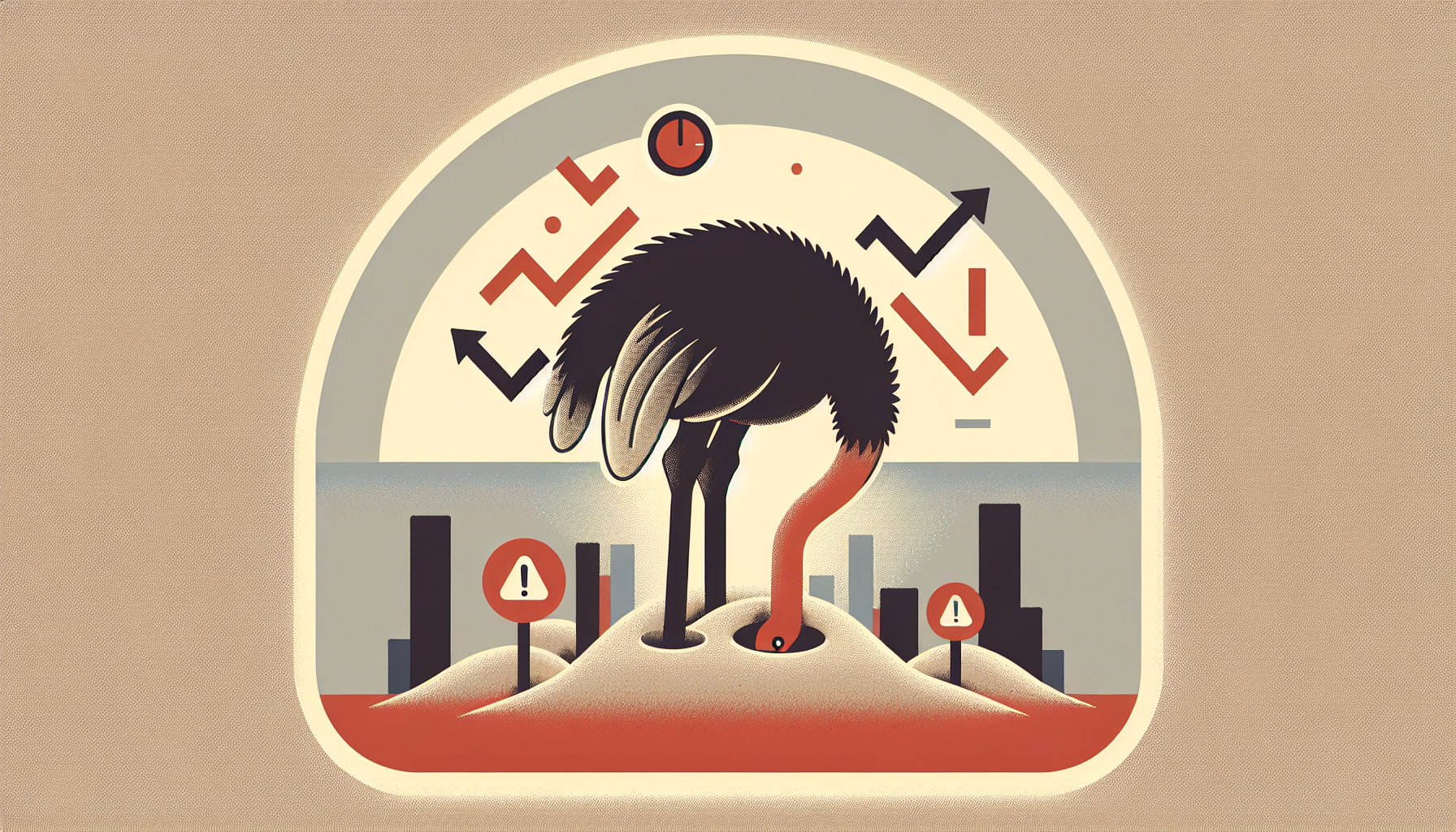 포트폴리오 하락 신호를 외면하는 보수성 편향을 타조 비유로 표현한 일러스트