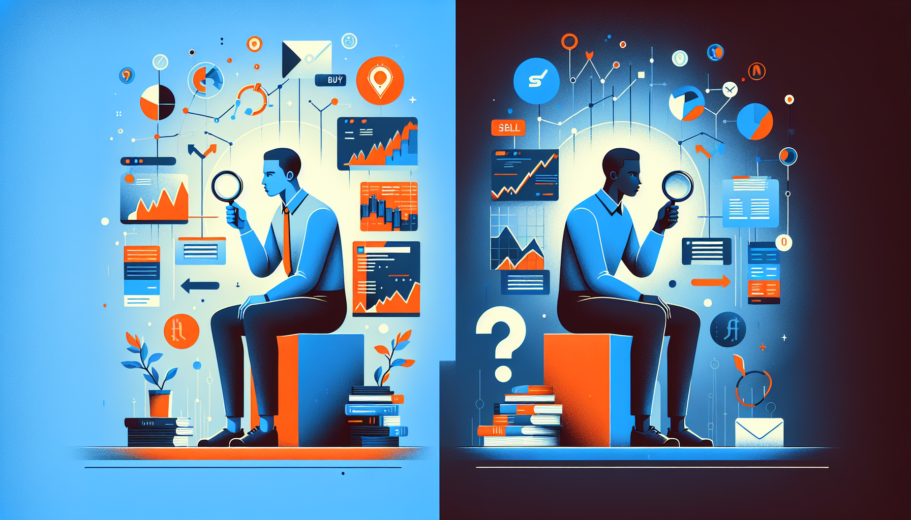 매수 전략에 집중하고 매도 전략을 간과하는 투자자의 불균형을 보여주는 일러스트