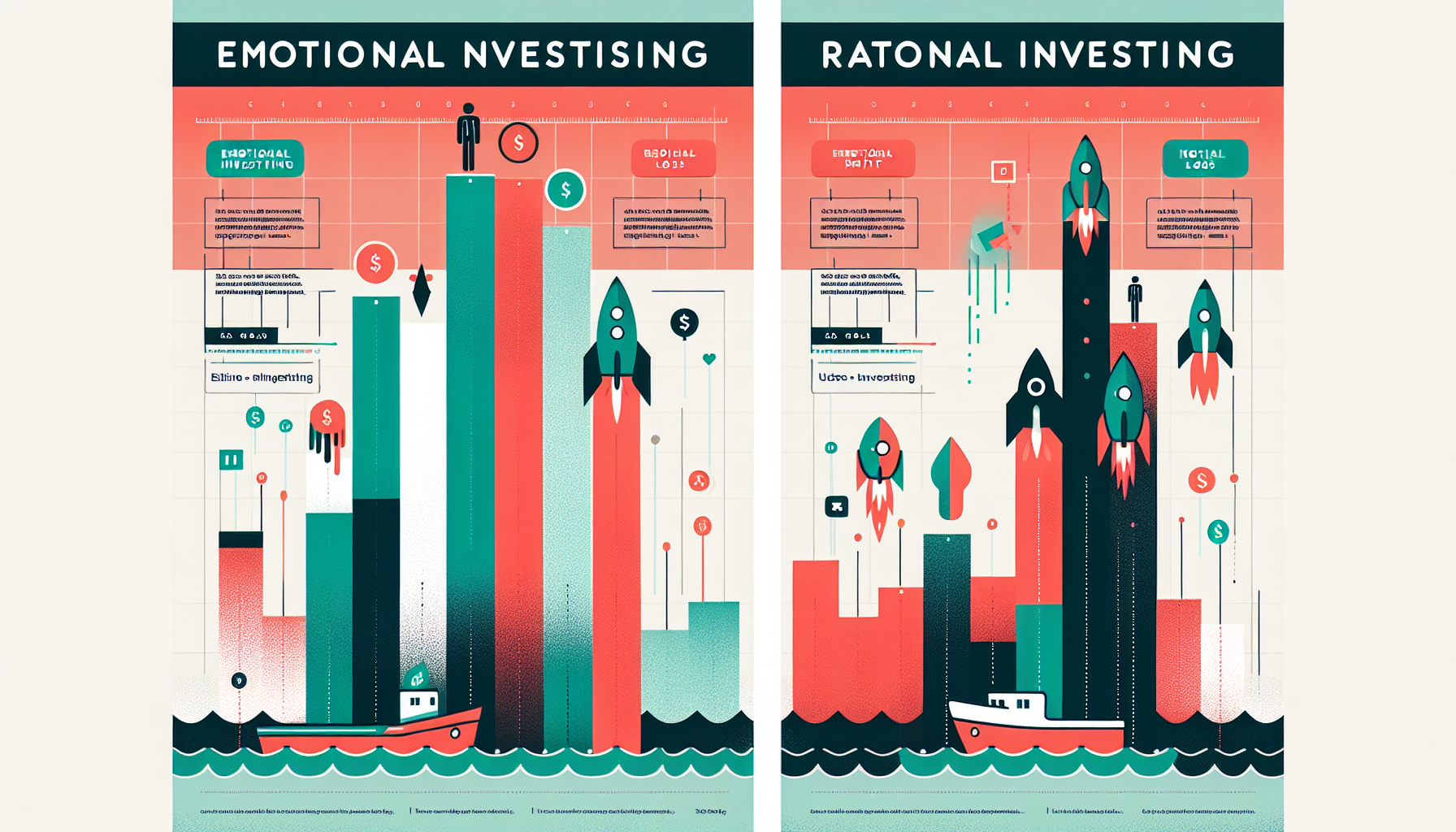 감정적 투자와 합리적 투자의 수익-손실 구조 차이를 보여주는 비교 일러스트