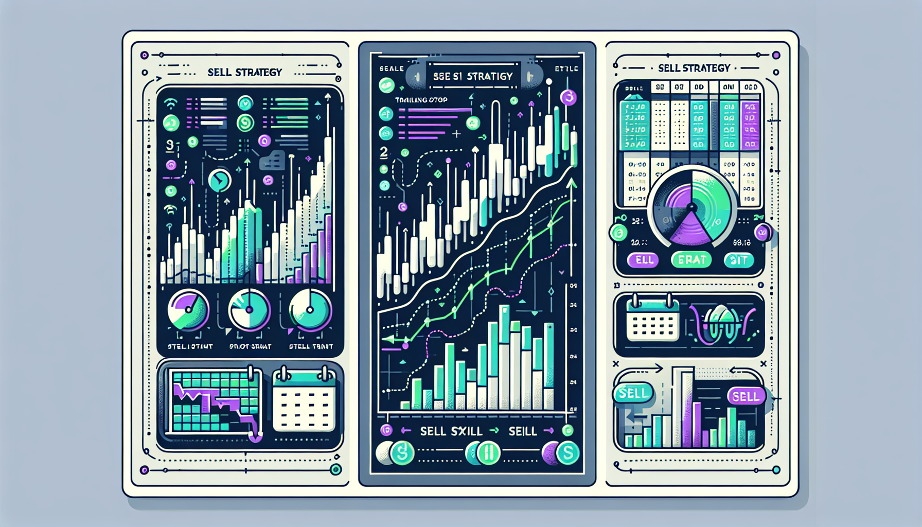 트레일링 스탑, 시간 기준, 모멘텀 기준 등 세 가지 매도 전략을 시각화한 다이어그램