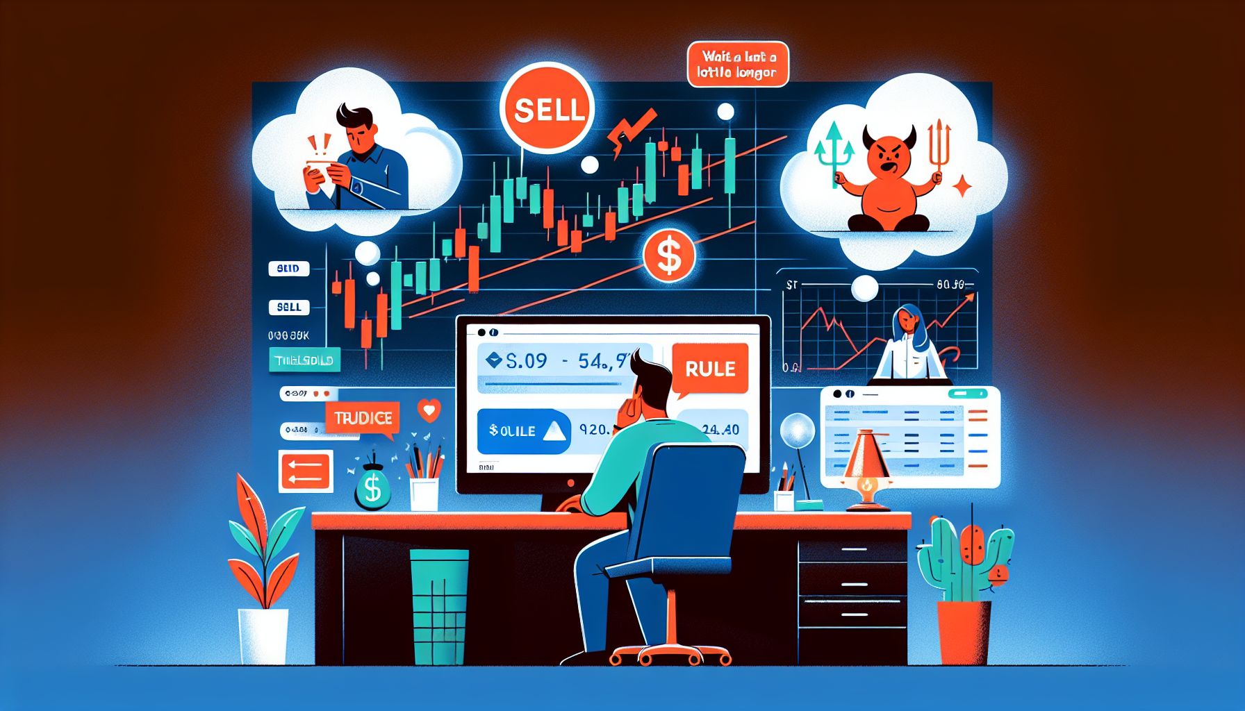 매도 원칙 도달 시 감정적 충동을 이겨내고 전략을 실행하는 투자자 일러스트