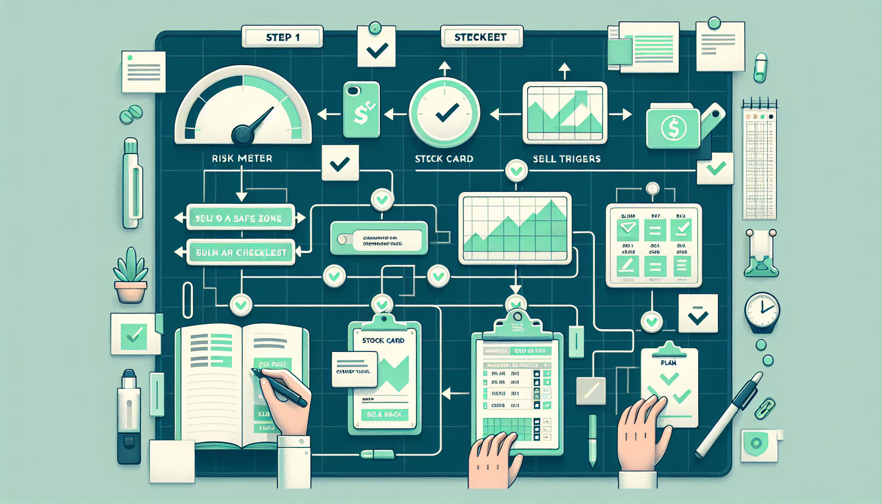 리스크 범위 설정부터 매도 원칙 기록까지 실전 투자 가이드 단계별 일러스트