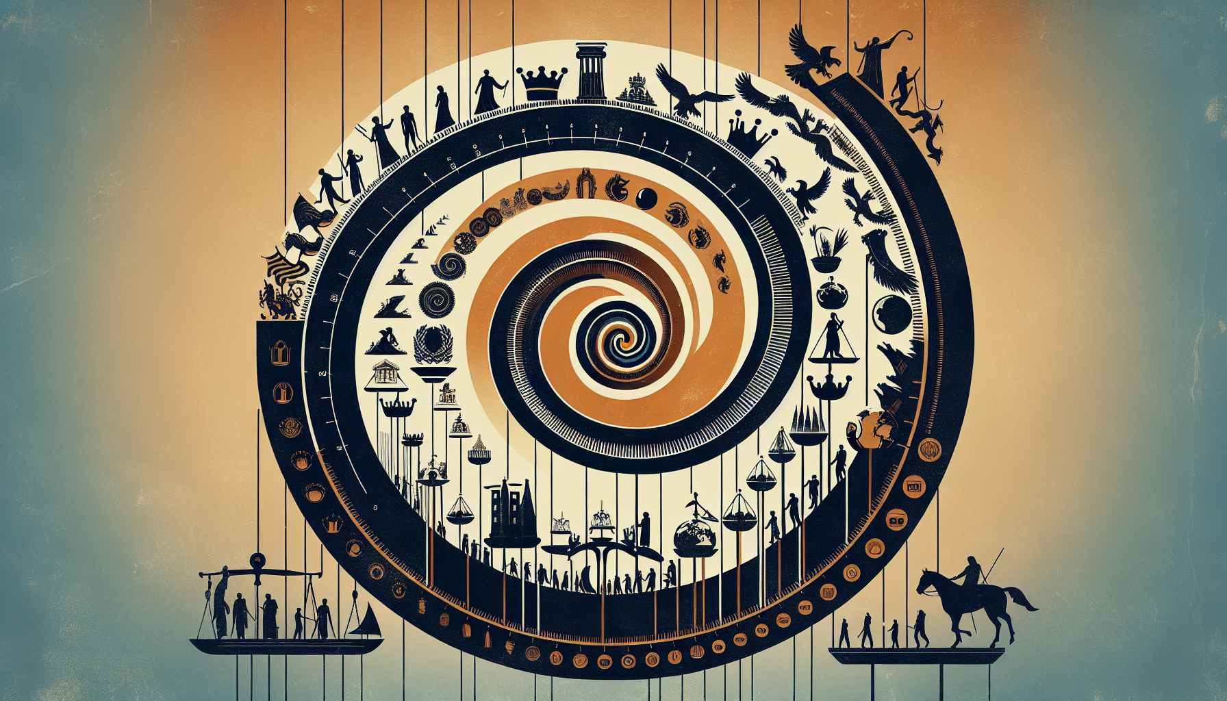 역사적 강대국 흥망 패턴과 패권 이행기를 나타낸 순환 다이어그램 일러스트