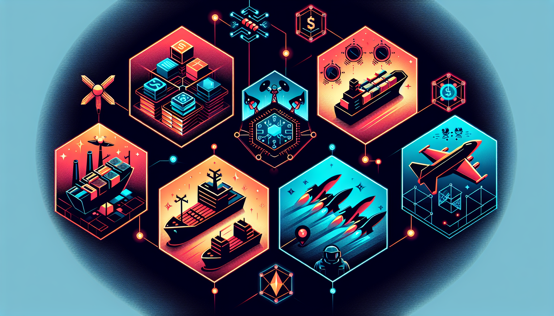 미중 갈등의 5가지 유형(무역·기술·금융·지정학·군사)을 나타낸 아이콘 다이어그램