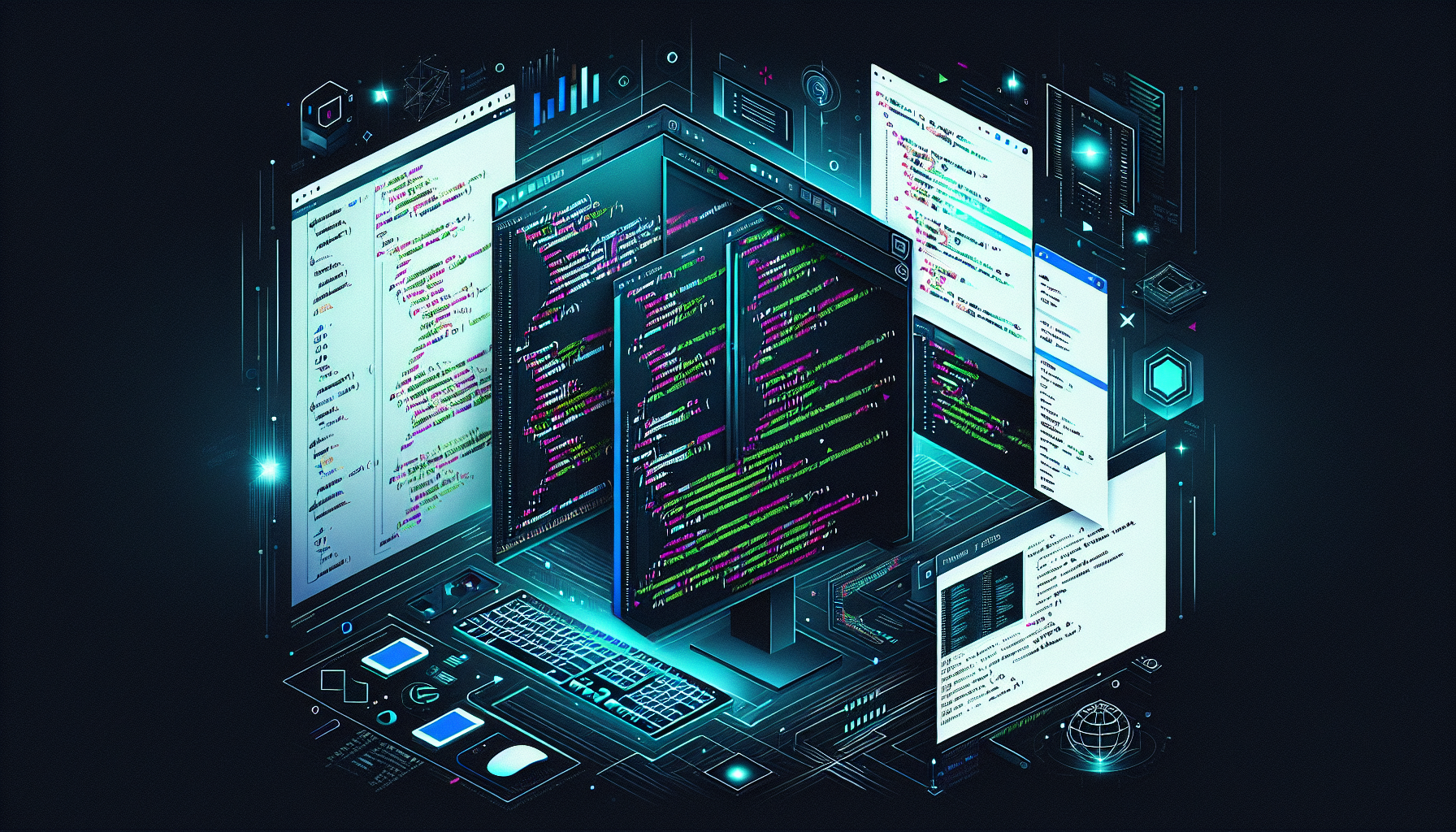 VS Code 개발 환경 인터페이스를 표현한 일러스트