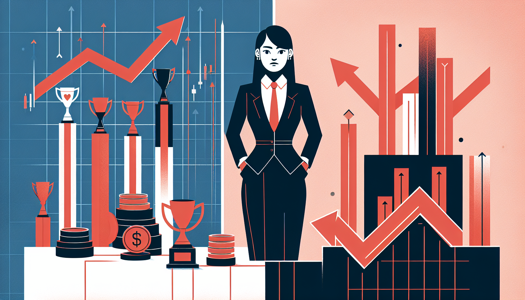 사회적 성공과 투자 실패의 대비를 보여주는 일러스트 - 자존심과 심리적 편향