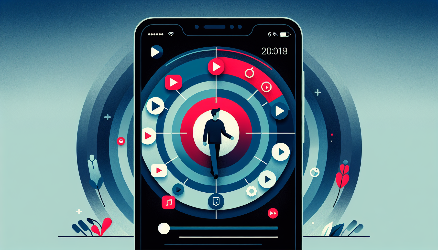 유튜브가 모바일 앱 사용 시간에서 가장 큰 비중을 차지하는 것을 보여주는 시간 흐름 다이어그램 일러스트