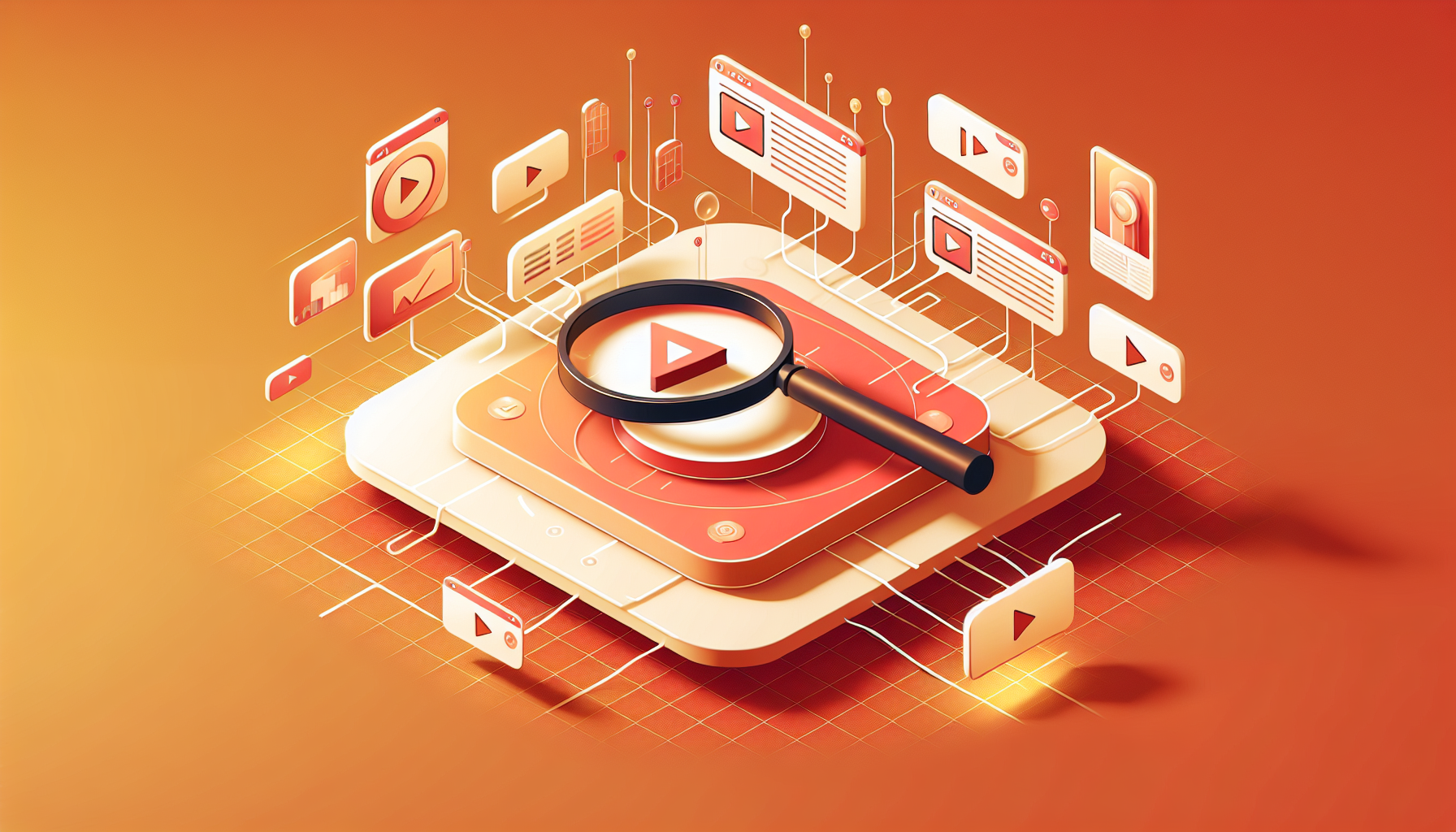 유튜브가 검색 엔진으로 기능하며 콘텐츠가 검색 결과에 노출되는 구조를 표현한 아이소메트릭 일러스트