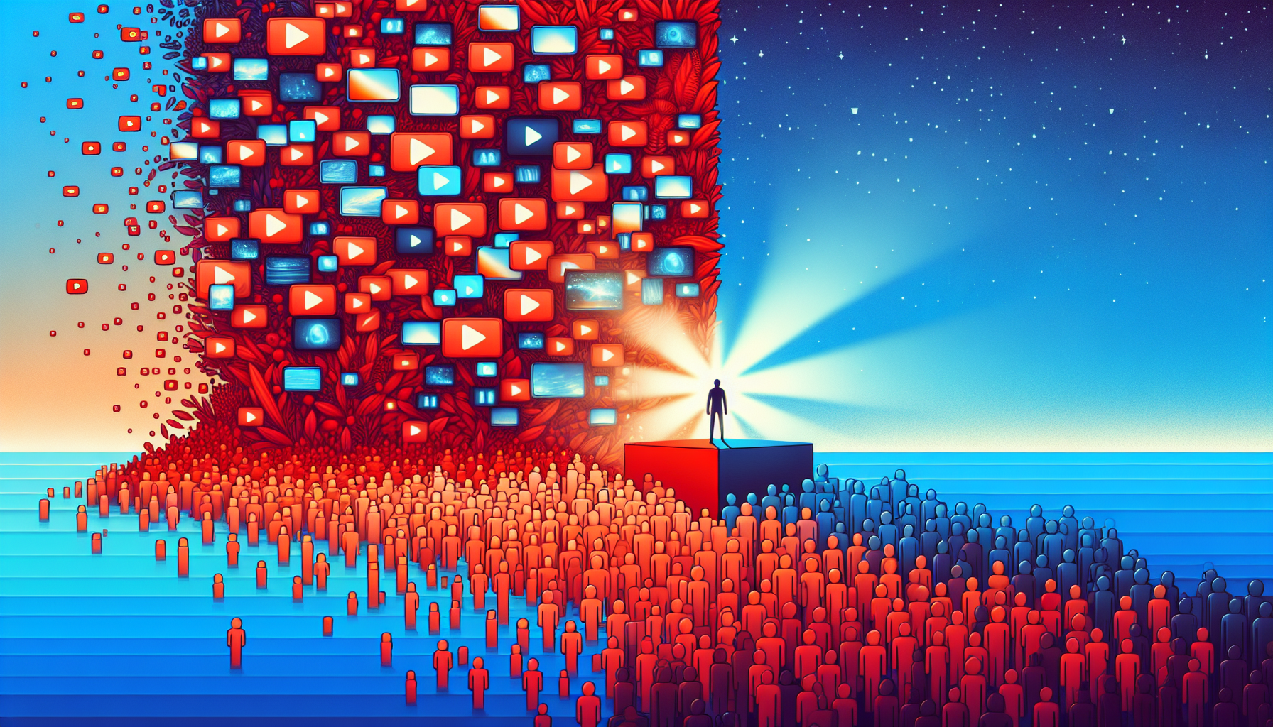 유튜브 시장에서 경쟁이 치열한 레드오션과 틈새 분야의 블루오션 기회를 대비하여 표현한 일러스트